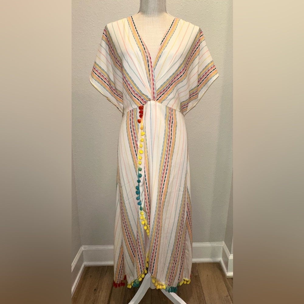 Women’s Cream Striped Pom-Pom Swim Coverup